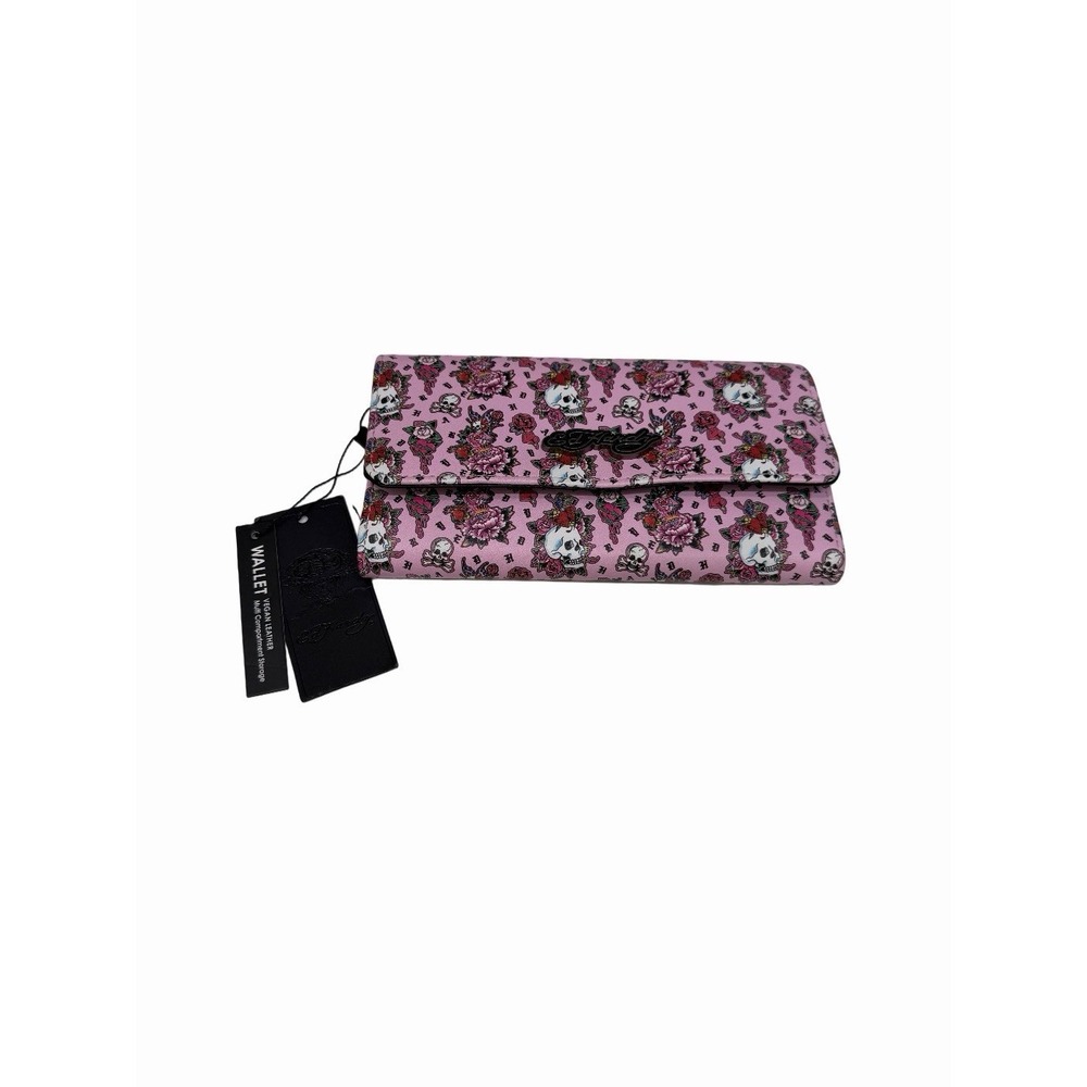 NWT Ed Hardy Large Trifold‎ Pink Multi Wallet - Skulls, Logo, Flowers